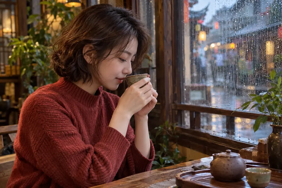 雨天窗边陶杯茶饮场景
